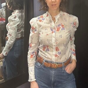 Veronica Beard Floral Stripe Ruffle Collar Button Up Blouse Women's Size S M